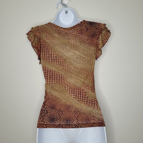 Vintage 90s y2k A Byer brown tan semi sheer ruffle sleeve rustic going out top - Picture 2 of 6
